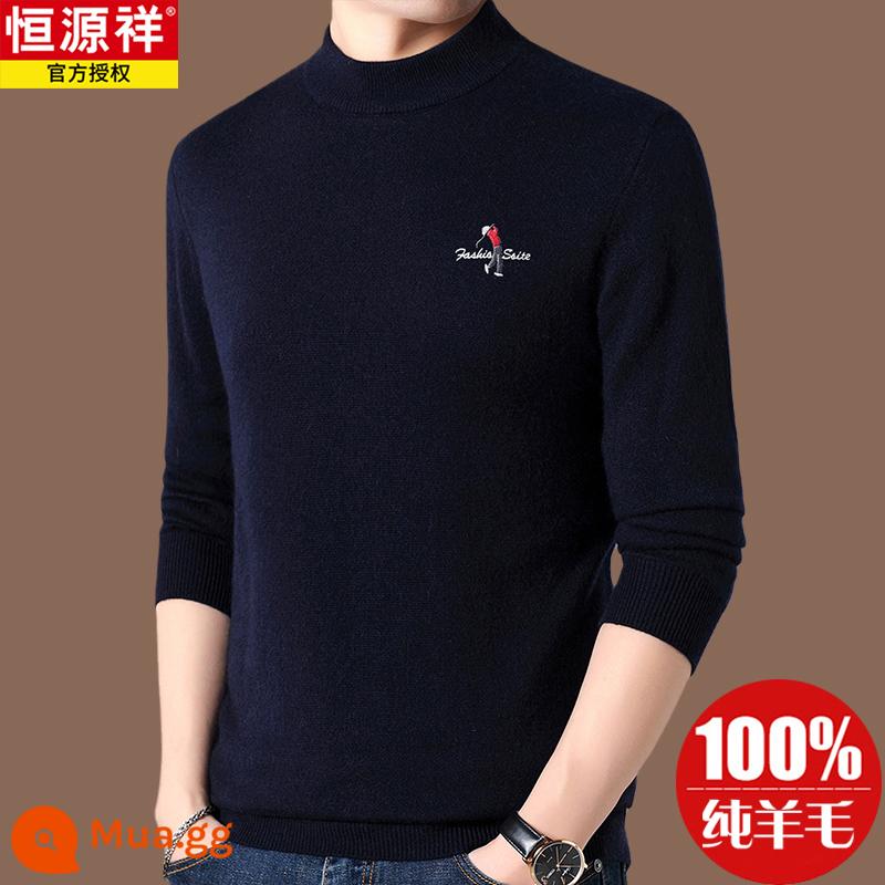 Hengyuanxiang chính hãng áo len len 100 len nam phong cách hot 2022 áo sơ mi đáy cashmere mới mùa thu đông - Áo cổ lọ nửa cổ xanh navy [Hao 8906]