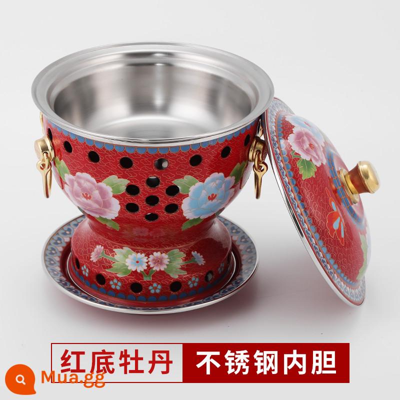 Cloisonne nồi lẩu đồng đặc cồn đồng nguyên chất nồi đồng bếp cồn đơn nồi lẩu nhỏ 1 người 1 nồi đồng hộ gia đình - Mẫu hoa mẫu đơn đáy đỏ cực dày [bình trong 304] đi kèm bình dầu 4 lõi + 2 lần đổ xăng