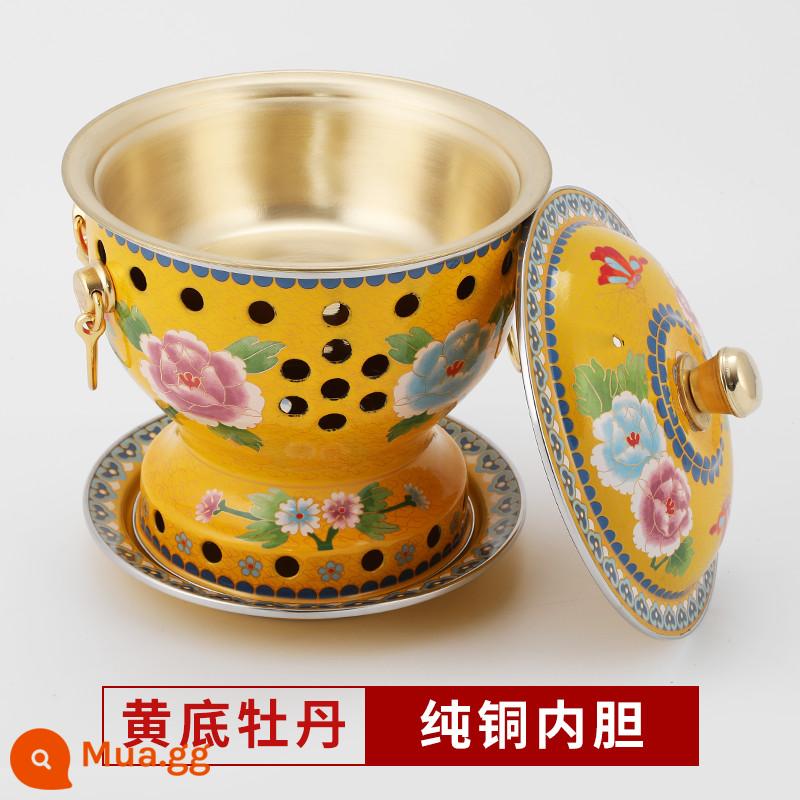 Cloisonne nồi lẩu đồng đặc cồn đồng nguyên chất nồi đồng bếp cồn đơn nồi lẩu nhỏ 1 người 1 nồi đồng hộ gia đình - Mẫu hoa mẫu đơn đáy vàng cực dày [lớp lót đồng nguyên chất] đi kèm bình dầu 4 lõi + 2 lần đổ xăng