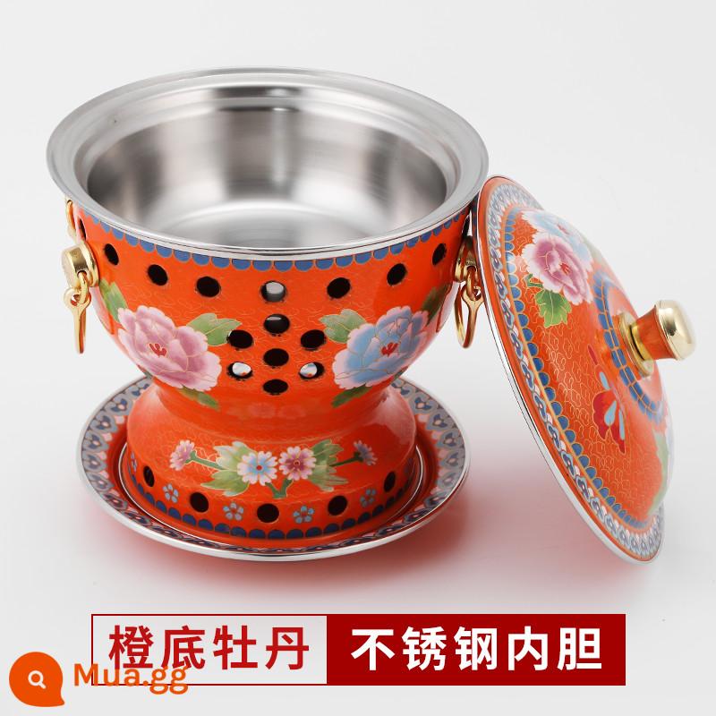 Cloisonne nồi lẩu đồng đặc cồn đồng nguyên chất nồi đồng bếp cồn đơn nồi lẩu nhỏ 1 người 1 nồi đồng hộ gia đình - Model mẫu đơn đáy cam cực dày [bình trong 304] đi kèm bình dầu 4 lõi + 2 lần đổ xăng