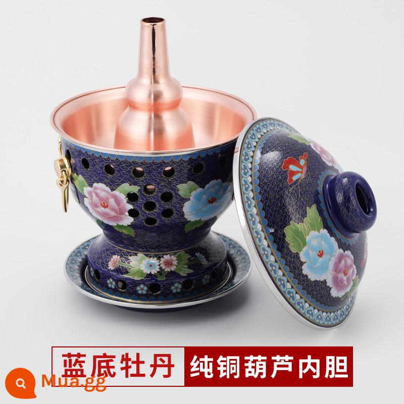 Cloisonne nồi lẩu đồng đặc cồn đồng nguyên chất nồi đồng bếp cồn đơn nồi lẩu nhỏ 1 người 1 nồi đồng hộ gia đình - Mẫu hoa mẫu đơn đáy xanh cực dày [lót bầu] đi kèm bình dầu 4 lõi + 2 lần đổ xăng