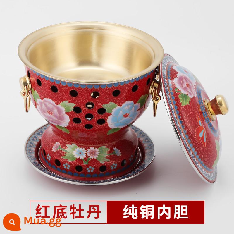 Cloisonne nồi lẩu đồng đặc cồn đồng nguyên chất nồi đồng bếp cồn đơn nồi lẩu nhỏ 1 người 1 nồi đồng hộ gia đình - Mẫu hoa mẫu đơn đáy đỏ cực dày [lót đồng nguyên chất] đi kèm bình dầu 4 lõi + 2 lần đổ xăng