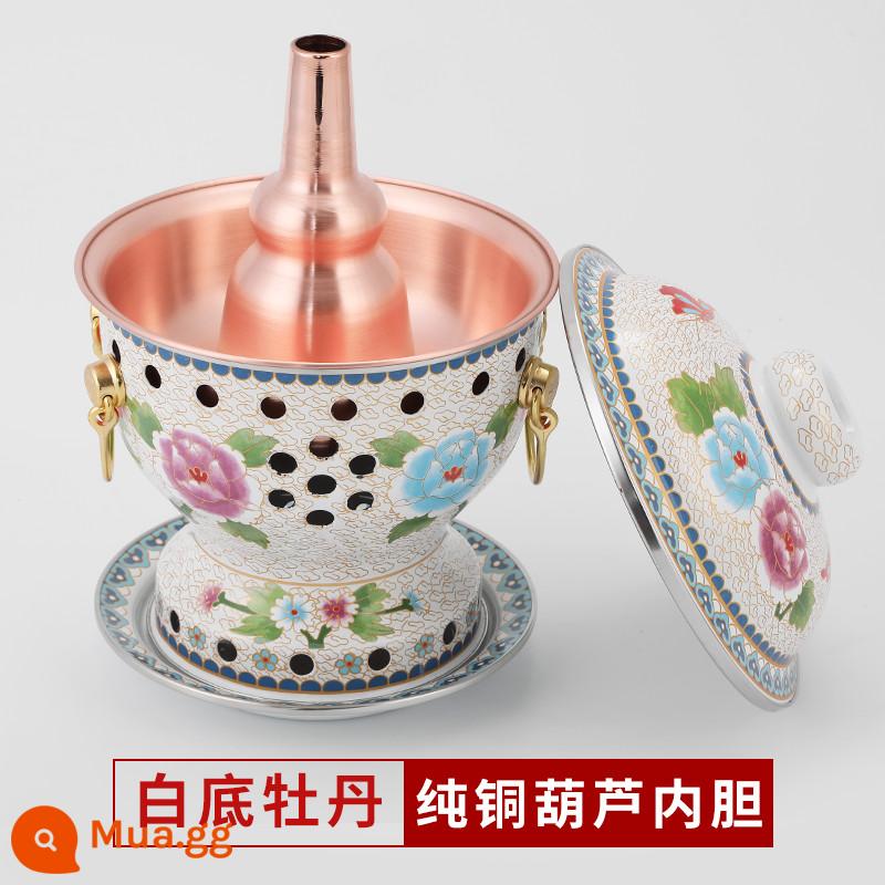 Cloisonne nồi lẩu đồng đặc cồn đồng nguyên chất nồi đồng bếp cồn đơn nồi lẩu nhỏ 1 người 1 nồi đồng hộ gia đình - Mẫu hoa mẫu đơn nền trắng cực dày [lót bầu] đi kèm bình dầu 4 lõi + 2 lần đổ xăng