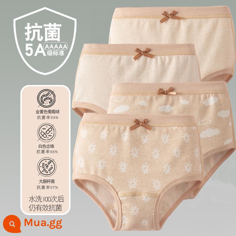 Quần lót trẻ em cotton bé gái quần lót boxer quần trẻ em tam giác trẻ em 2-18 tuổi cotton màu kháng khuẩn không dấu vết - 4 Pack-23 Cô Gái Bốn Mùa Tam Giác Màu Be Nâu Nâu Nguyên Chất Mây Trắng Hoa Cúc