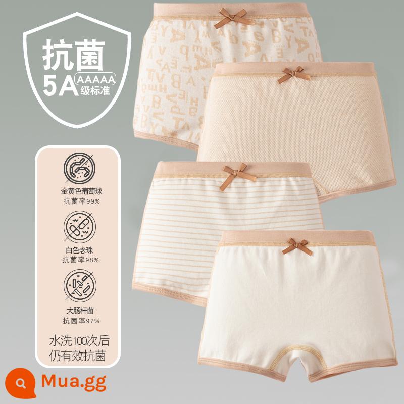 Quần lót trẻ em cotton bé gái quần lót boxer quần trẻ em tam giác trẻ em 2-18 tuổi cotton màu kháng khuẩn không dấu vết - 4 gói-Bốn mùa cho bé gái Chữ vuông Gạo nâu Sọc nâu Trắng