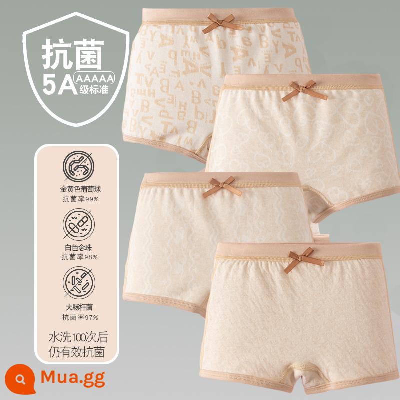 Quần lót trẻ em cotton bé gái quần lót boxer quần trẻ em tam giác trẻ em 2-18 tuổi cotton màu kháng khuẩn không dấu vết - 4 gói - 23 Cô Gái Bốn Mùa Vuông Chữ Nâu Hình Trái Tim Gạo Nâu Tình Yêu Chữ Nâu