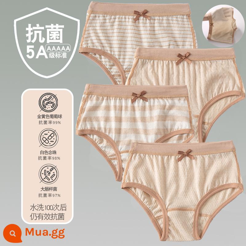 Quần lót trẻ em cotton bé gái quần lót boxer quần trẻ em tam giác trẻ em 2-18 tuổi cotton màu kháng khuẩn không dấu vết - 4 gói - cô gái gầy sọc tam giác mỏng màu nâu dọc màu nâu gạo nâu rộng