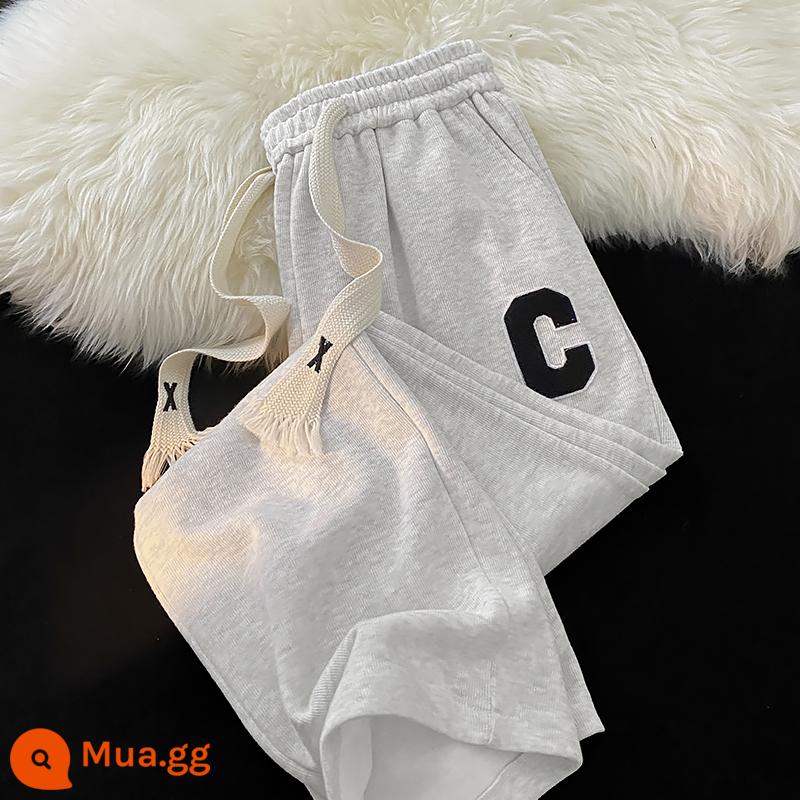 Konggeins mùa thu Mỹ retro dây rút nặng cổ dày cotton quần triều thương hiệu rời thẳng cặp đôi quần thể thao - xám