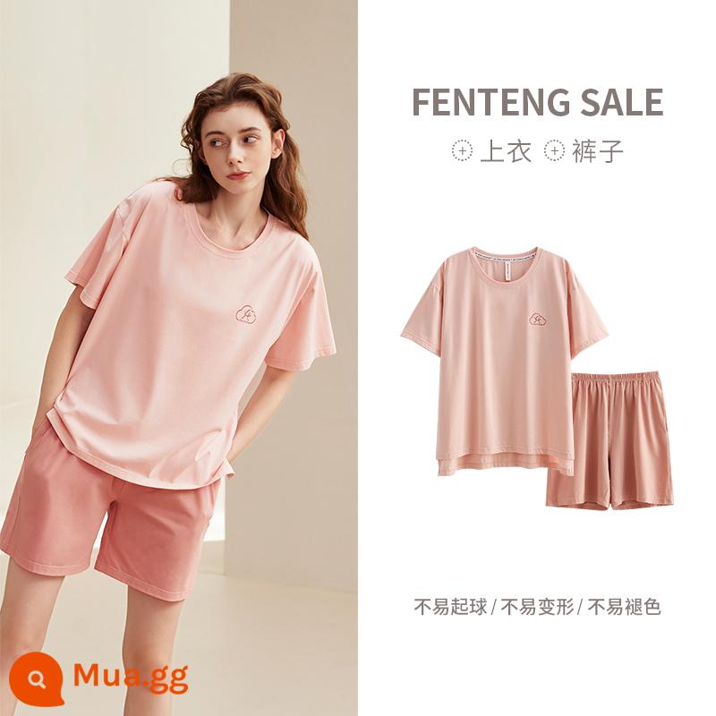 Fenteng Couple Homewear Bộ đồ ngủ mùa hè ngắn tay cho nữ Cotton nguyên chất Phần mỏng Mát mẻ Mùa hè nam Bộ đồ trẻ trung kích thước lớn - L98324130 hồng (nữ)