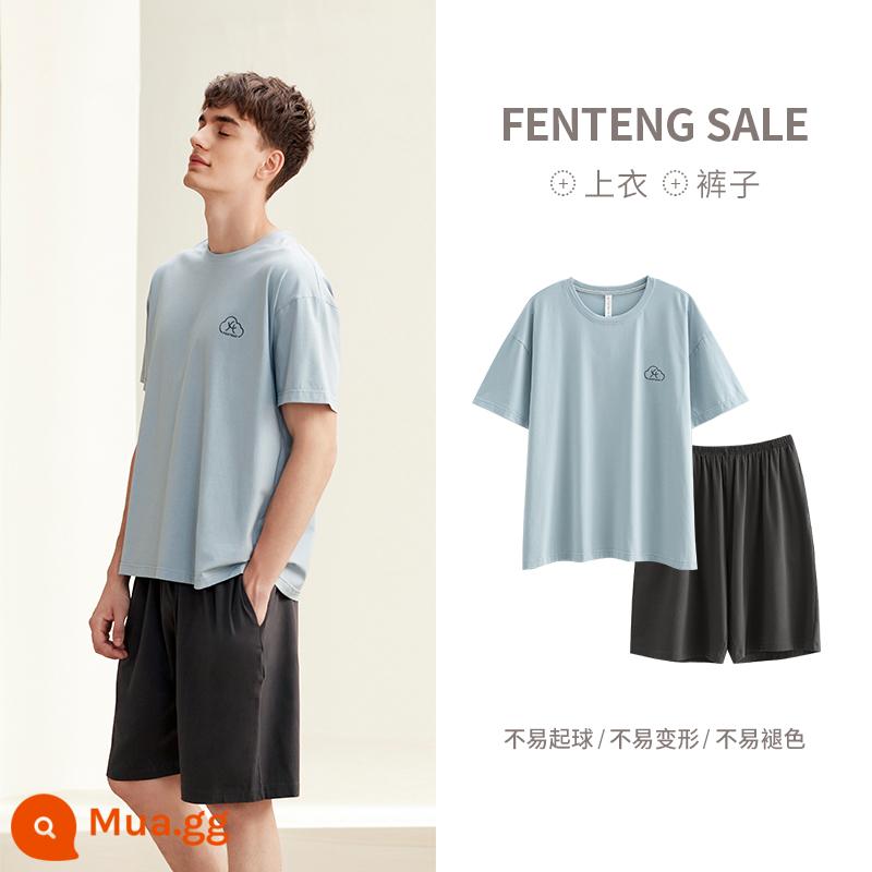 Fenteng Couple Homewear Bộ đồ ngủ mùa hè ngắn tay cho nữ Cotton nguyên chất Phần mỏng Mát mẻ Mùa hè nam Bộ đồ trẻ trung kích thước lớn - L98324129 Binglan (nam)