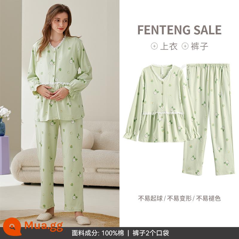 Quần áo giữ trẻ Fenton, đồ ngủ dành cho bà bầu, bộ đồ dài tay cotton nguyên chất xuân thu của phụ nữ, quần áo nhà dưỡng lão sau sinh - FJ240229 cỏ xanh