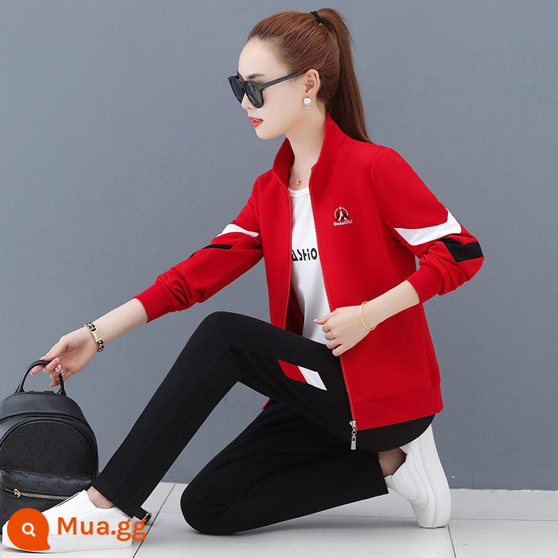 Bộ đồ thể thao nữ mùa xuân và mùa thu ba mảnh phù hợp với áo cardigan cổ đứng áo màu trắng thời trang chạy bộ thể thao - Bộ ba mảnh 2201 màu đỏ