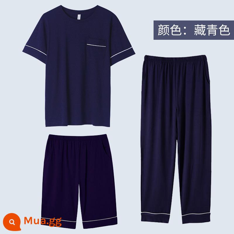 Modal pyjamas nam bộ đồ ba mảnh quần dài tay ngắn mùa hè cotton nguyên chất phục vụ tại nhà cho nam bộ đồ mùa xuân và mùa thu - Bán chạy nhất màu xanh navy, thoáng mát mùa hè, thoáng mát, không ngột ngạt