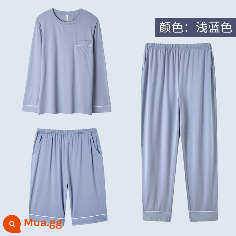 Modal pyjamas nam bộ đồ ba mảnh quần dài tay ngắn mùa hè cotton nguyên chất phục vụ tại nhà cho nam bộ đồ mùa xuân và mùa thu - Ba món quần short + quần dài tay, cotton modal màu xanh nhạt, mềm mại và thân thiện với làn da