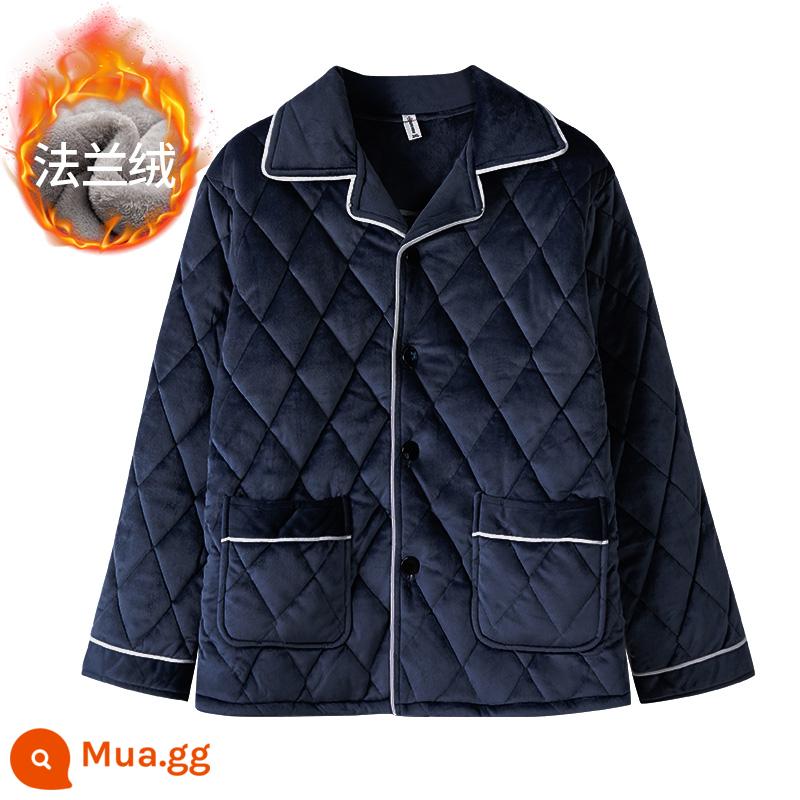 Bộ đồ ngủ nam 3 lớp chần bông thu đông dài tay quần cardigan dày ấm phục vụ tại nhà phù hợp với mới 2022 - Áo màu xanh hoàng gia, ba lớp bông chần, dày và nhung