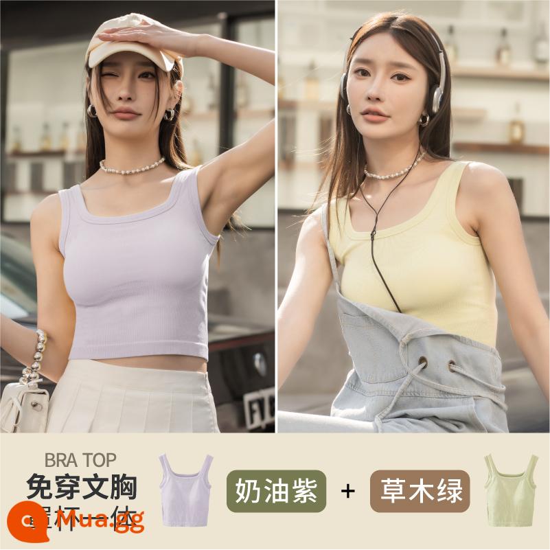 Áo vest nữ mặc bên trong mùa hè đai mỏng đệm ngực màu trắng nhỏ xinh lưng vest áo ngực tích hợp đáy áo khoác ngoài áo khoác - [Tím kem + xanh cỏ]