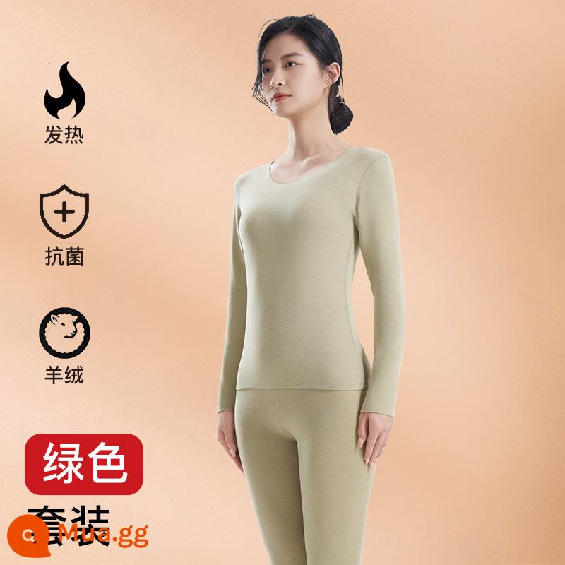 Làm Nóng Quần Áo Bộ Đồ Nữ Lụa Cashmere Làm Nóng Plus Nhung Dày Mùa Đông 2023 Mới Làm Đẹp Da Quần Áo Thu Đông Quần Vệ Sinh - 1 bộ [kháng khuẩn nhiệt + cashmere ấm] xanh