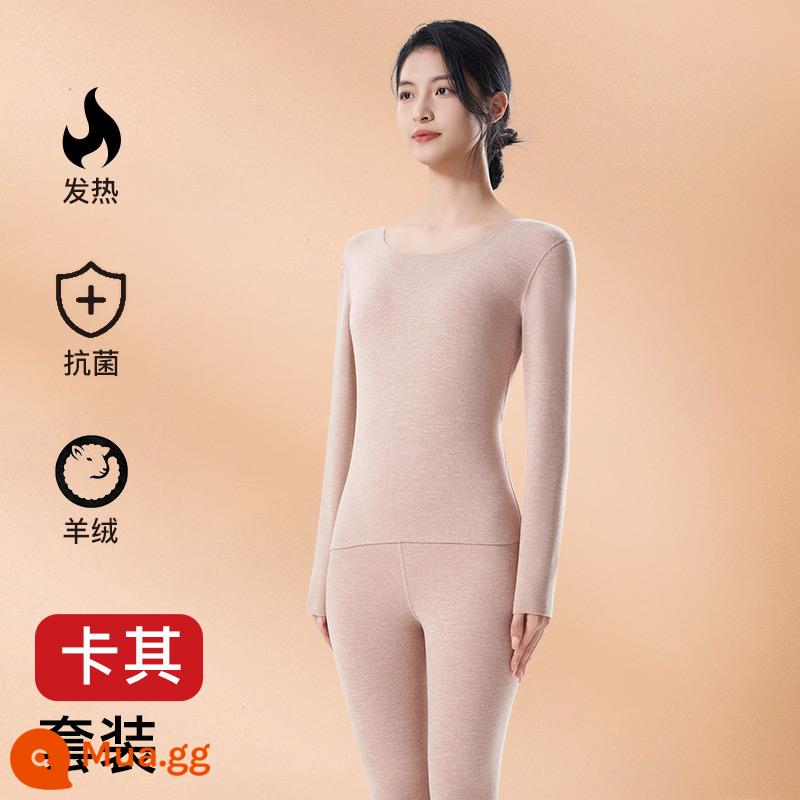 Làm Nóng Quần Áo Bộ Đồ Nữ Lụa Cashmere Làm Nóng Plus Nhung Dày Mùa Đông 2023 Mới Làm Đẹp Da Quần Áo Thu Đông Quần Vệ Sinh - 1 bộ [kháng khuẩn nhiệt + cashmere ấm áp] kaki