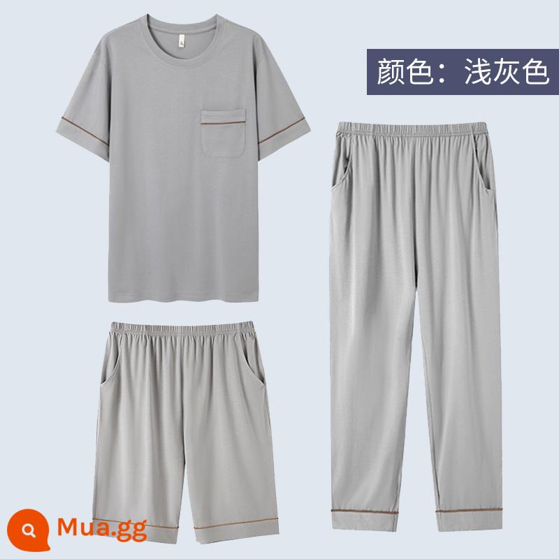 Modal pyjamas nam bộ đồ ba mảnh quần dài tay ngắn mùa hè cotton nguyên chất phục vụ tại nhà cho nam bộ đồ mùa xuân và mùa thu - Màu xám nhạt, mát về mùa hè, thoáng khí, không ngột ngạt