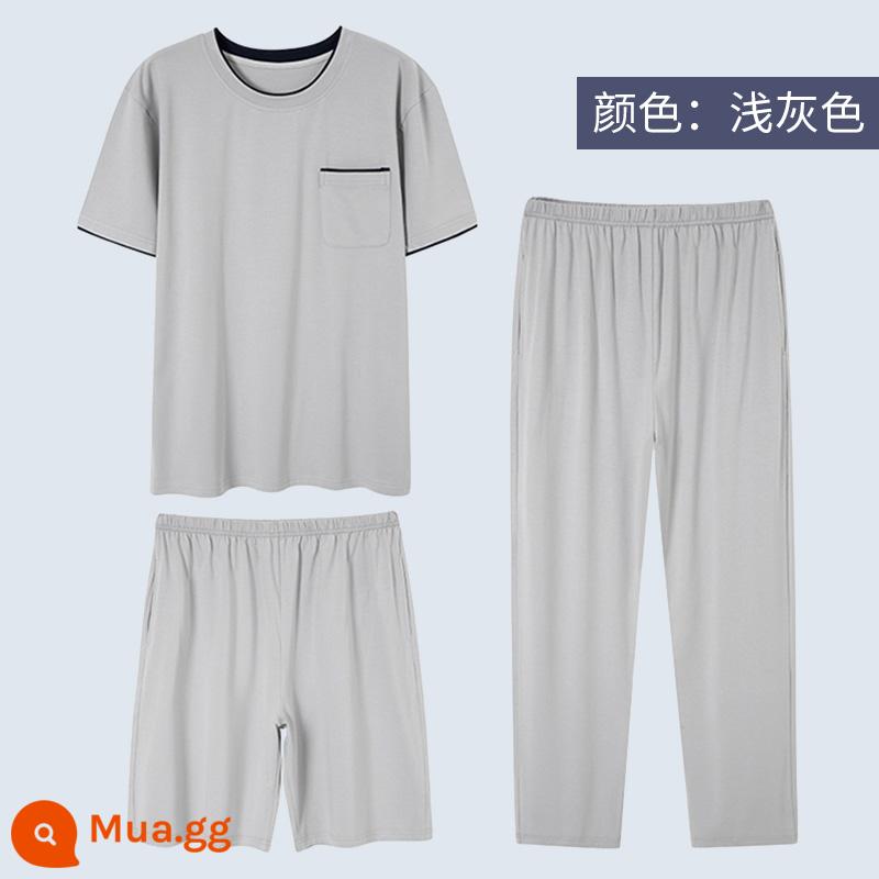 Modal pyjamas nam bộ đồ ba mảnh quần dài tay ngắn mùa hè cotton nguyên chất phục vụ tại nhà cho nam bộ đồ mùa xuân và mùa thu - X2162 xám nhạt, mát mẻ về mùa hè, thoáng khí, không ngột ngạt