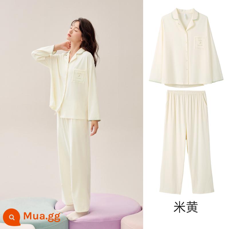 Anzhiban Cặp Đôi Bộ Đồ Ngủ Nữ Xuân Thu Dài Tay Nguyên Chất Cotton Rời Cổ Cao Cấp Mặc Ở Nhà bộ Kích Thước Lớn - Màu be-Nữ