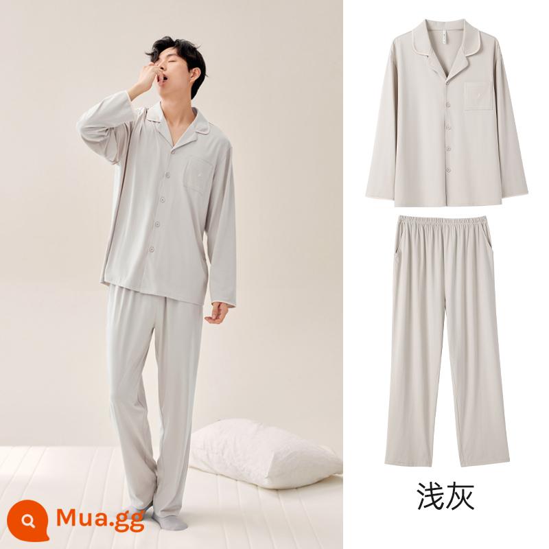 Anzhiban Cặp Đôi Bộ Đồ Ngủ Nữ Xuân Thu Dài Tay Nguyên Chất Cotton Rời Cổ Cao Cấp Mặc Ở Nhà bộ Kích Thước Lớn - Màu xám nhạt nam