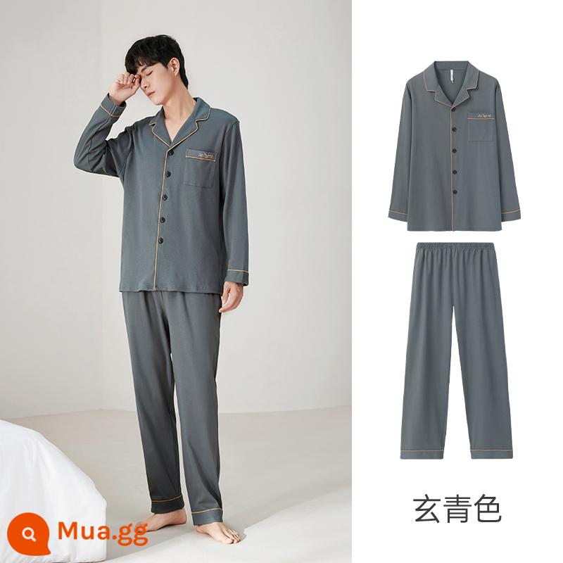 Anzhiban Cặp Đôi Bộ Đồ Ngủ Nữ Xuân Thu Dài Tay Nguyên Chất Cotton Rời Cổ Cao Cấp Mặc Ở Nhà bộ Kích Thước Lớn - Nam màu xanh đậm