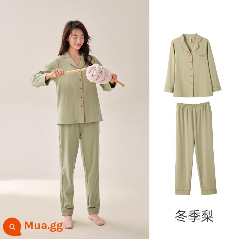 Anzhiban Cặp Đôi Bộ Đồ Ngủ Nữ Xuân Thu Dài Tay Nguyên Chất Cotton Rời Cổ Cao Cấp Mặc Ở Nhà bộ Kích Thước Lớn - Quả lê mùa đông