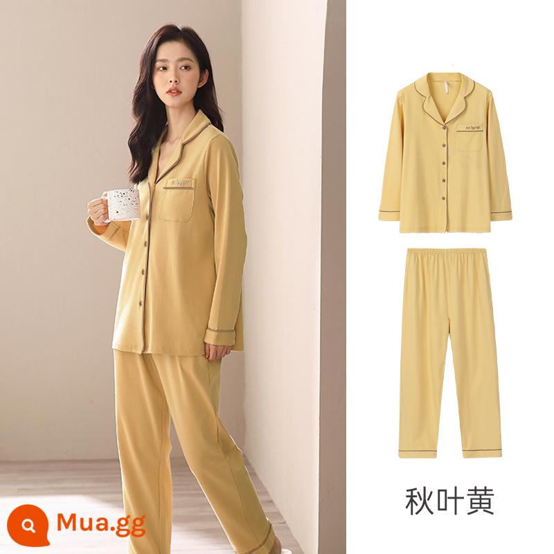 Anzhiban Cặp Đôi Bộ Đồ Ngủ Nữ Xuân Thu Dài Tay Nguyên Chất Cotton Rời Cổ Cao Cấp Mặc Ở Nhà bộ Kích Thước Lớn - Mùa thu vàng-nữ