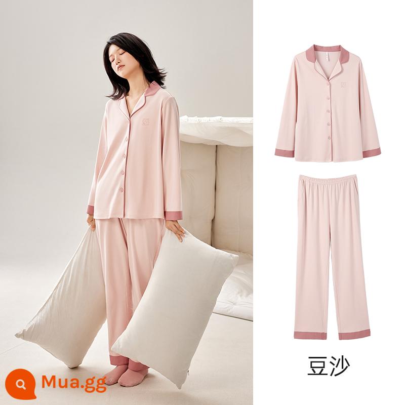 Anzhiban Cặp Đôi Bộ Đồ Ngủ Nữ Xuân Thu Dài Tay Nguyên Chất Cotton Rời Cổ Cao Cấp Mặc Ở Nhà bộ Kích Thước Lớn - Một người phụ nữ dán đậu