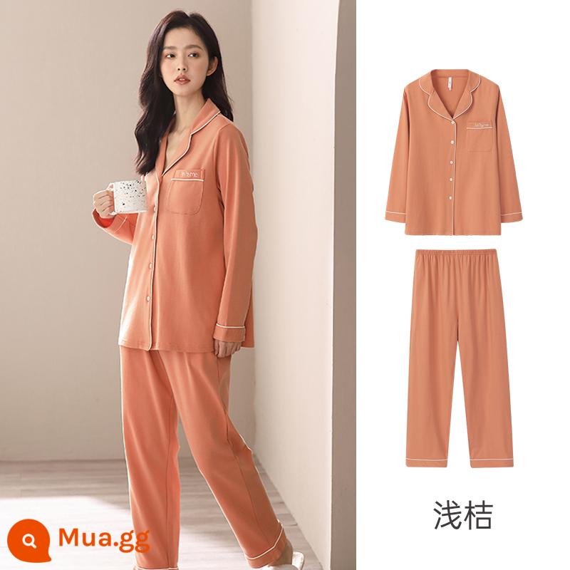 Anzhiban Cặp Đôi Bộ Đồ Ngủ Nữ Xuân Thu Dài Tay Nguyên Chất Cotton Rời Cổ Cao Cấp Mặc Ở Nhà bộ Kích Thước Lớn - Màu cam nhạt-nữ