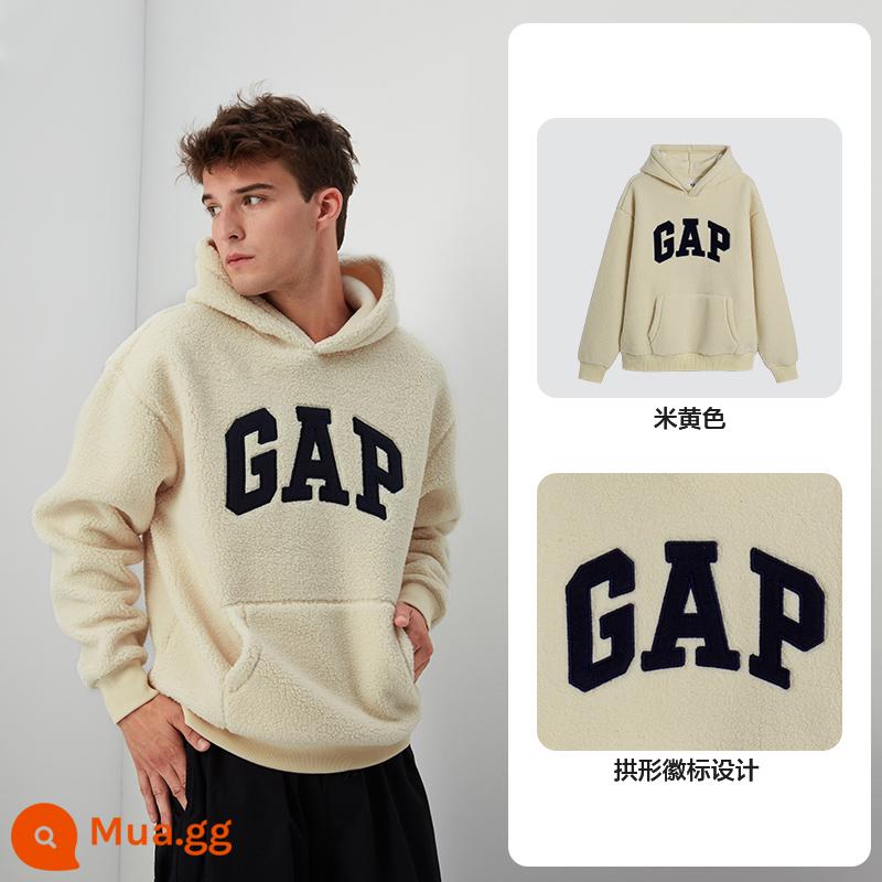 [Phong cách tương tự như Ouyang Nana] Áo thun nam nữ Gap mùa thu đông 2023 LOGO giả nhung cừu cotton dày 807084 áo - màu kem