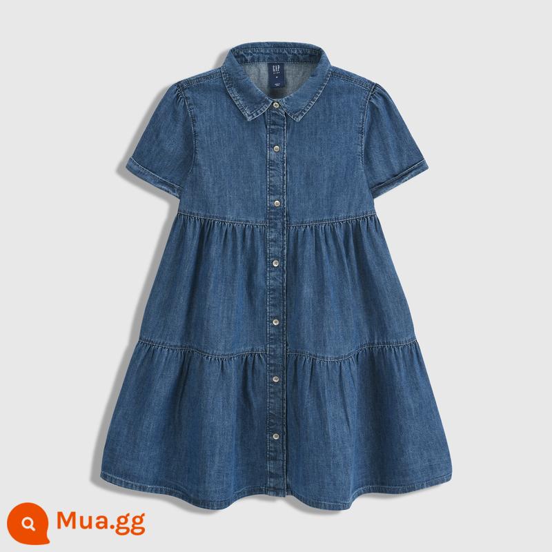 Gap bé gái mùa hè 2023 váy denim dáng rộng ngắn tay cotton mới 861700 Bộ đồ trẻ em váy công chúa phong cách nước ngoài - Màu xanh hải quân