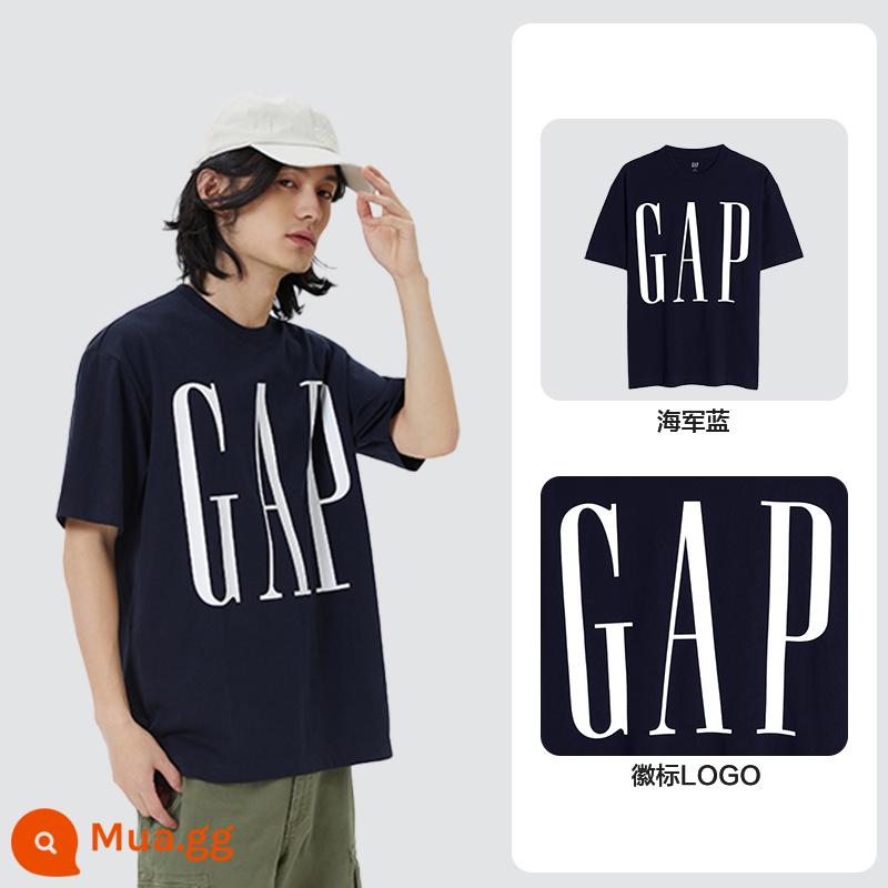 [Cotton đã giặt] Quần áo Gap dành cho nam và nữ LOGO áo thun ngắn tay đơn giản mùa hè dành cho cặp đôi thể thao phi giới tính - xanh hải quân