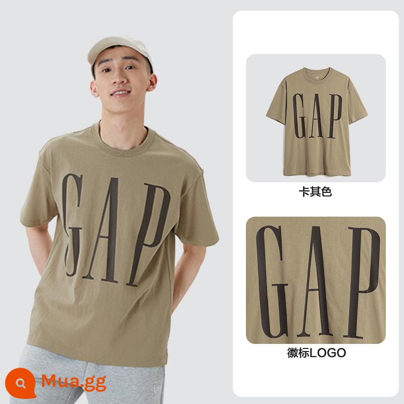 [Cotton đã giặt] Quần áo Gap dành cho nam và nữ LOGO áo thun ngắn tay đơn giản mùa hè dành cho cặp đôi thể thao phi giới tính - Khaki