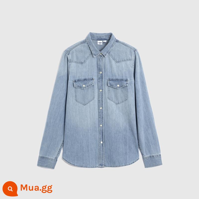 Áo sơ mi denim có ve áo thời trang Gap cotton thoải mái dành cho nữ 588562 áo thể thao hàng đầu mùa xuân - màu xanh da trời