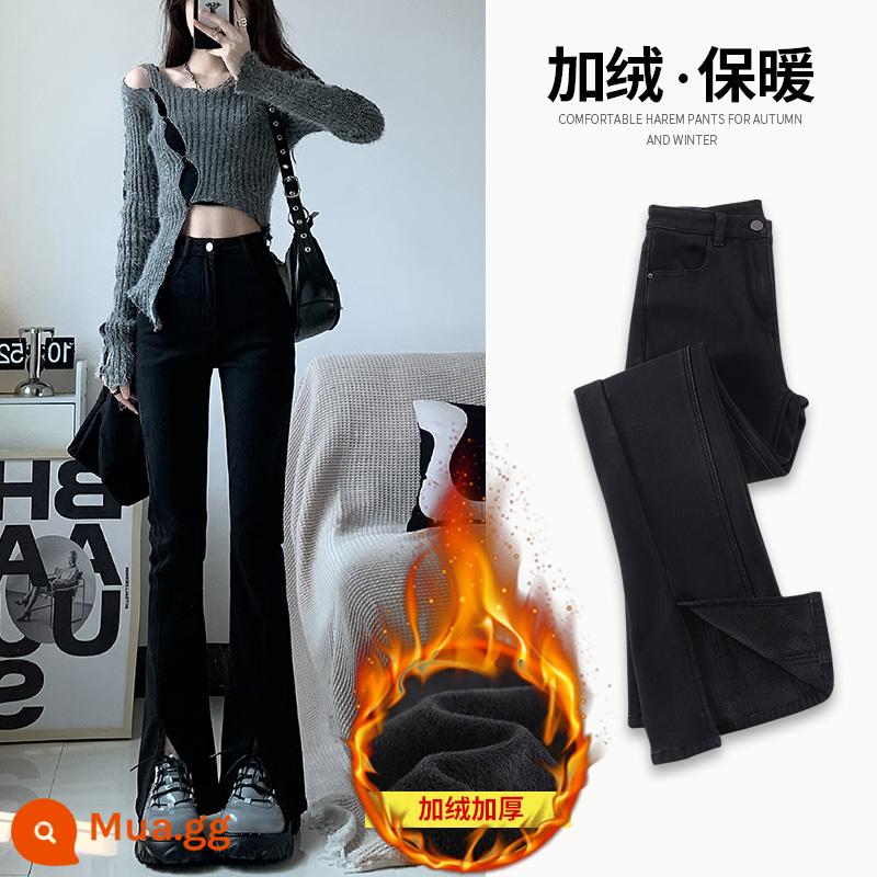 Quần jean bootcut màu đen xẻ tà nhung nữ mùa thu đông 2022 mới cao cấp eo thon co giãn lau quần ống loe - Chín điểm đen [nhung dày]