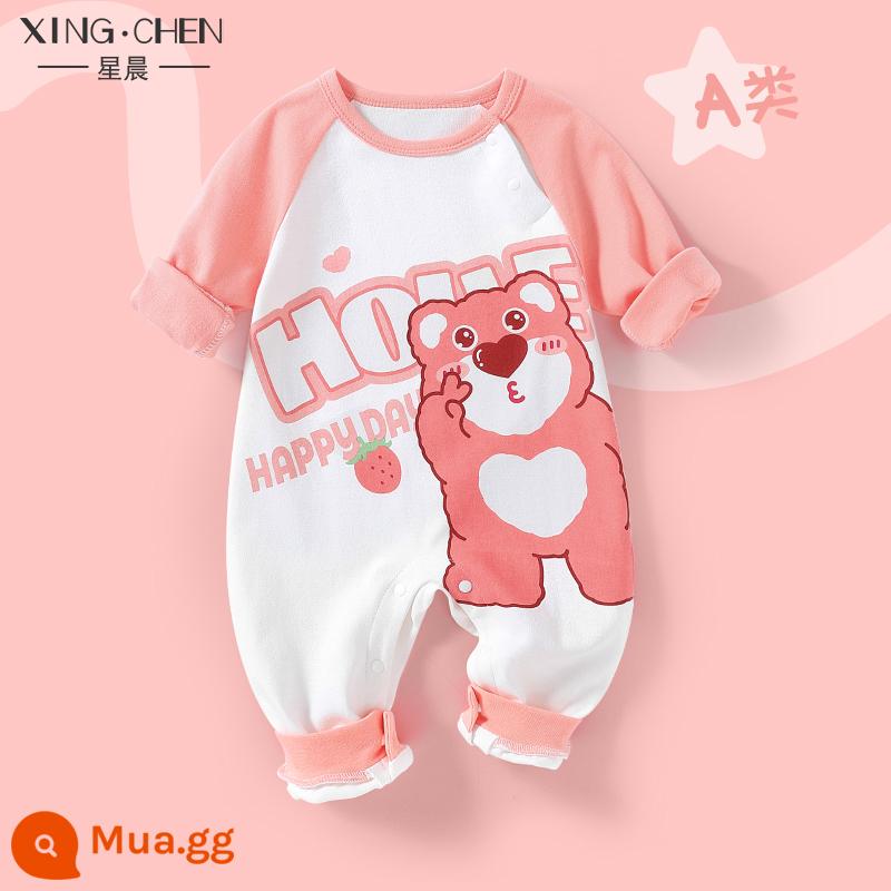 Bộ quần áo một mảnh cho bé mùa xuân và mùa thu trăng tròn siêu dễ thương bé gái nam bộ đồ ngủ cotton áo liền quần trăm ngày sơ sinh quần áo mùa xuân - búp bê gấu hồng