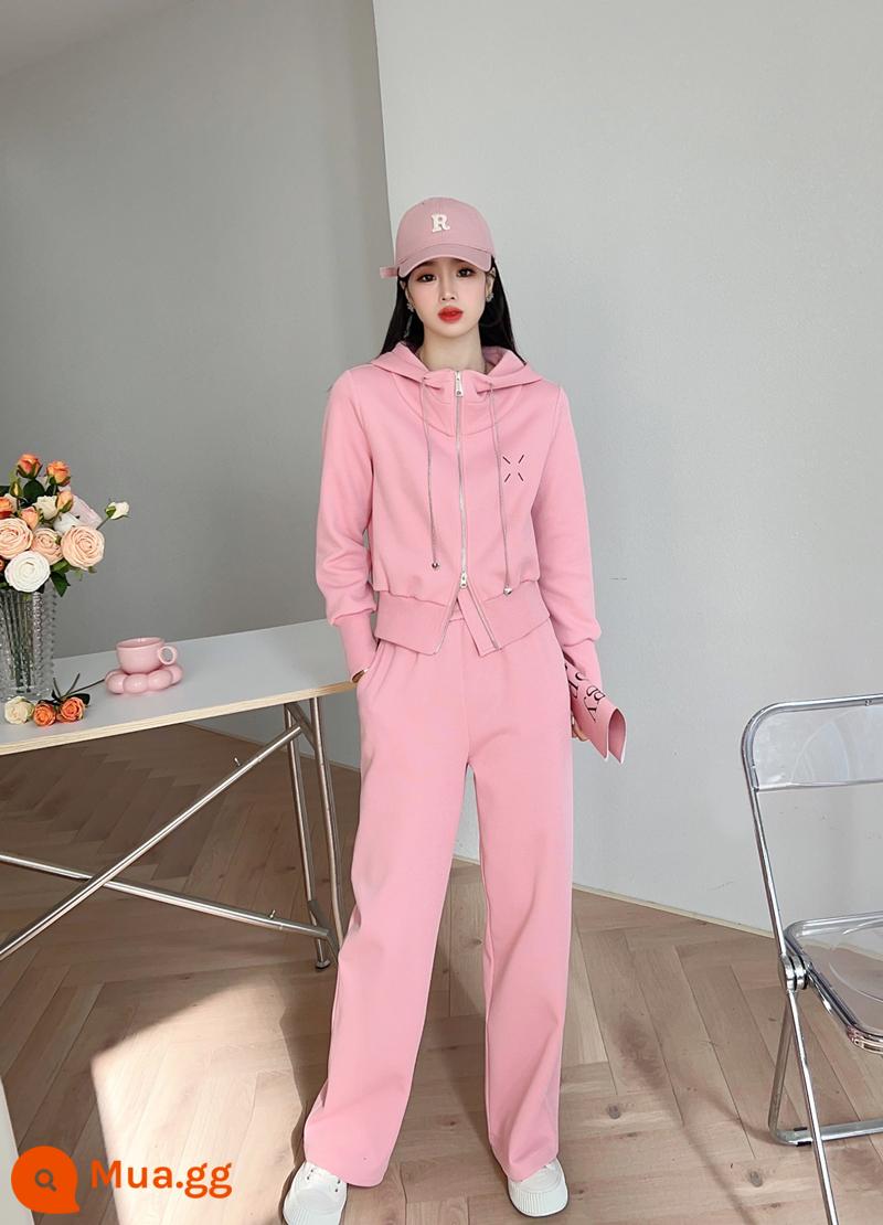 Châu Âu Hoodie Quần Ống Rộng Thời Trang Nữ Mùa Xuân 2023 Mới Nhỏ Nước Ngoài Phong Cách Thường Ngày 2 Phong Cách - Hồng