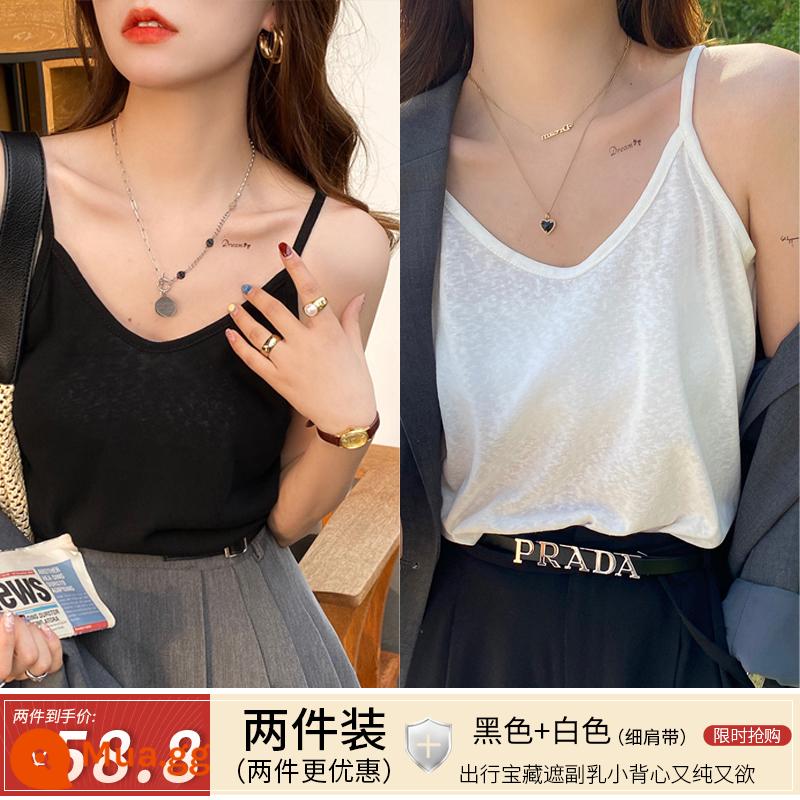 Cotton và vải lanh vest nữ mặc bên trong 2023 mới đáy rộng dây đeo mùa hè áo khoác ngoài hàng đầu áo thun không tay dây đeo vai rộng - Đen + trắng (dây đeo vai mỏng) Hai chiếc giảm giá nhiều hơn