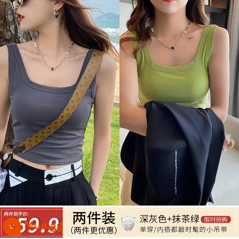 Đáy vest nữ mặc trong có treo chữ I mặc ngoài có đệm ngực lót lưng đẹp áo bra tích hợp áo crop top ngắn - Gói hai món màu xám đậm + xanh matcha được giảm giá nhiều hơn