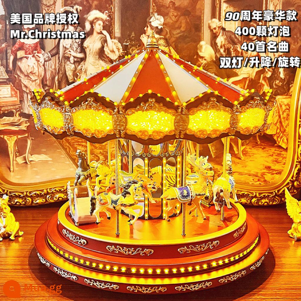 Mỹ Mr. Giáng Sinh bằng gỗ hộp nhạc thủ công carousel người yêu cô gái món quà sinh nhật - Phiên bản cao cấp kỷ niệm 90 năm Trojan Yellow + Color (Đèn kép)