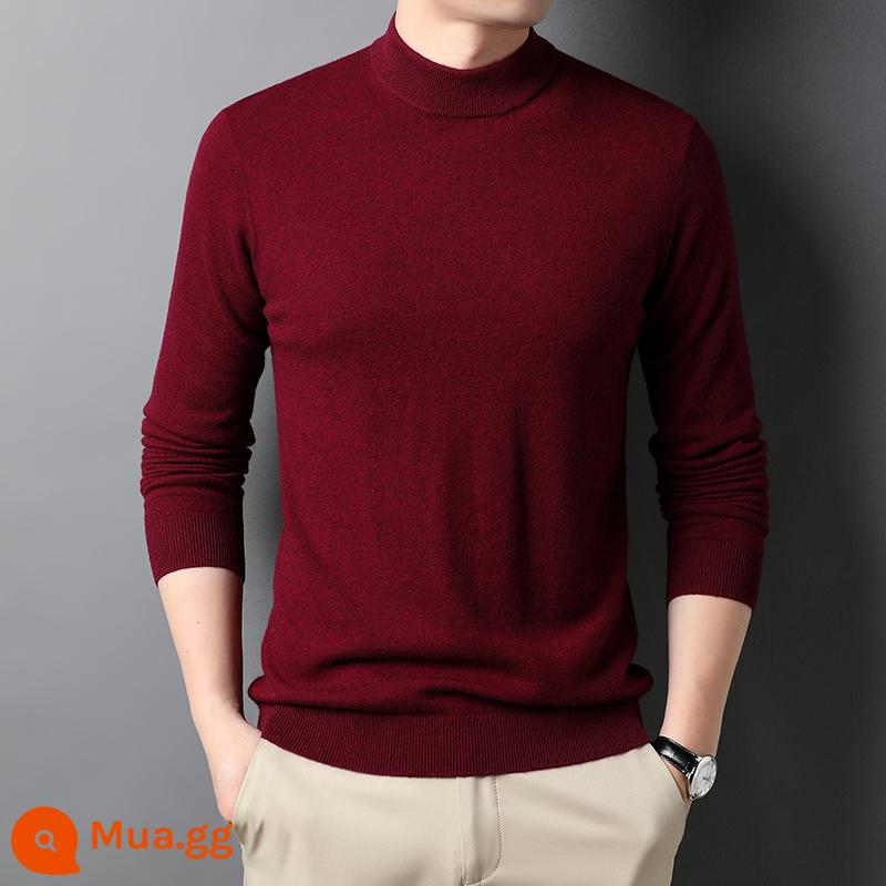 100% Nguyên Chất Cashmere Nam Mỏng Nửa Áo Len Cao Cổ Nam Erdos Xuân Thu Dệt Kim Đáy Cardigan - Áo nửa cổ táo táo đỏ rượu vang