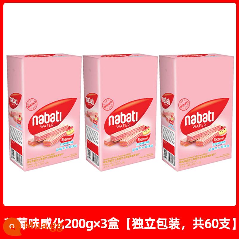 Phô mai Reese Indonesia Bánh quy wafer phô mai Nabati Nhập khẩu Nabati Zhixin Corn Stick Snacks Đồ ăn nhẹ thông thường - Bánh xốp hương dâu 200g*3 hộp [đóng gói riêng lẻ, tổng cộng 60 miếng]