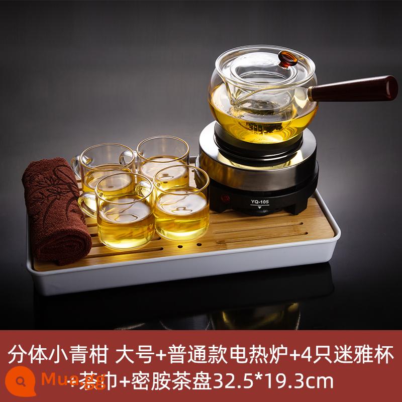 Tạm dán Net Red Black Crystal Lò lon lò sưởi Teapot Tea Set Tea Bộ Tea Bộ lọc Kung Fu Fu Glass Bubble Teapot - [Giờ uống trà] Cam xanh cỡ lớn + bếp điện thường + 4 cốc Miya + khăn pha trà + khay trà melamine