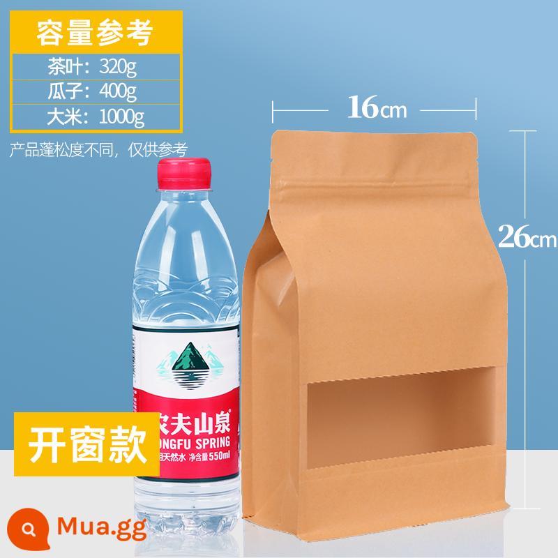 Túi giấy kraft túi ziplock trong suốt mờ tám mặt bịt kín ba chiều bằng không thực phẩm trà trái cây sấy khô túi đóng gói túi kín - Cửa sổ giấy kraft loại 16X26+8CM