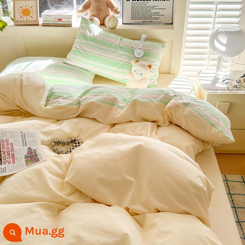 Giường cotton màu kem phong cách Bộ giường bốn mảnh ba mảnh ký túc xá sinh viên vỏ chăn bông nguyên chất tấm trải giường màu trơn - Qiyu-sọc xanh-2