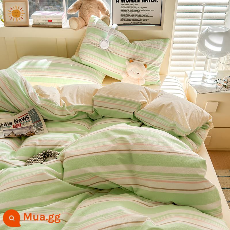 Giường cotton màu kem phong cách Bộ giường bốn mảnh ba mảnh ký túc xá sinh viên vỏ chăn bông nguyên chất tấm trải giường màu trơn - Qiyu-sọc xanh-1