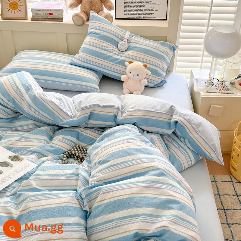 Giường cotton màu kem phong cách Bộ giường bốn mảnh ba mảnh ký túc xá sinh viên vỏ chăn bông nguyên chất tấm trải giường màu trơn - Qiyu-sọc xanh-1