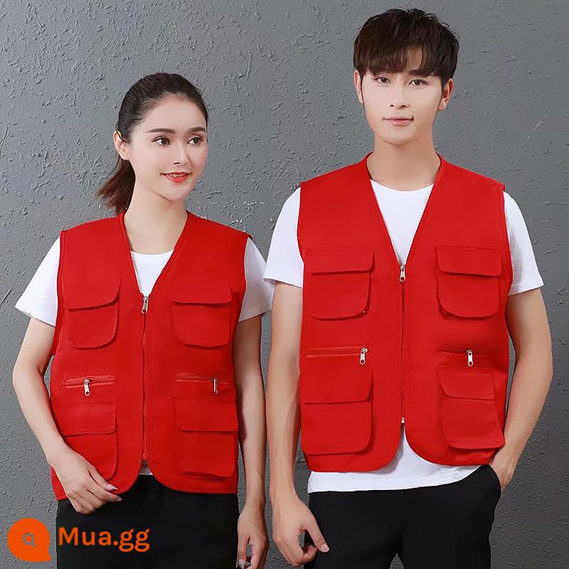 Nhiều túi cổ chữ V áo liền quần vest tùy chỉnh tình nguyện vest in du lịch chụp ảnh quảng cáo dụng cụ in logo - màu đỏ